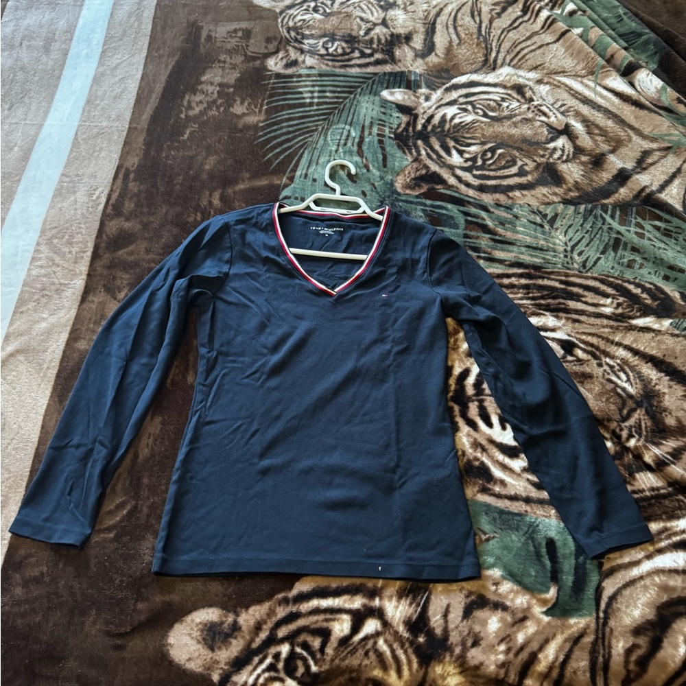 Navy V-Neck Long Sleeve Top with Red Trim from Tommy Hilfiger